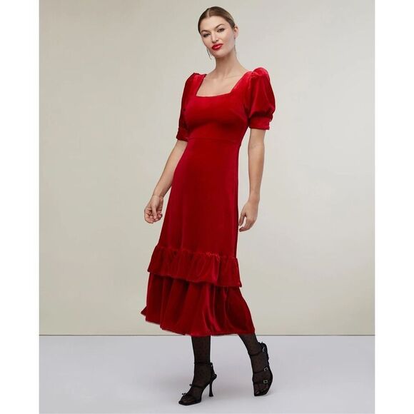 Rachel Parcell Puff Sleeve Peplum Skirt Midi Dress Red Velvet Size Small NWT - Picture 1 of 14